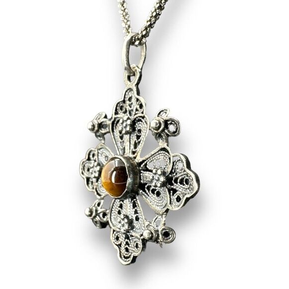 Jerusalem 925 Cross Pendant Center Tiger's Eye with Diamond Cut Chain Necklace - Picture 4 of 12